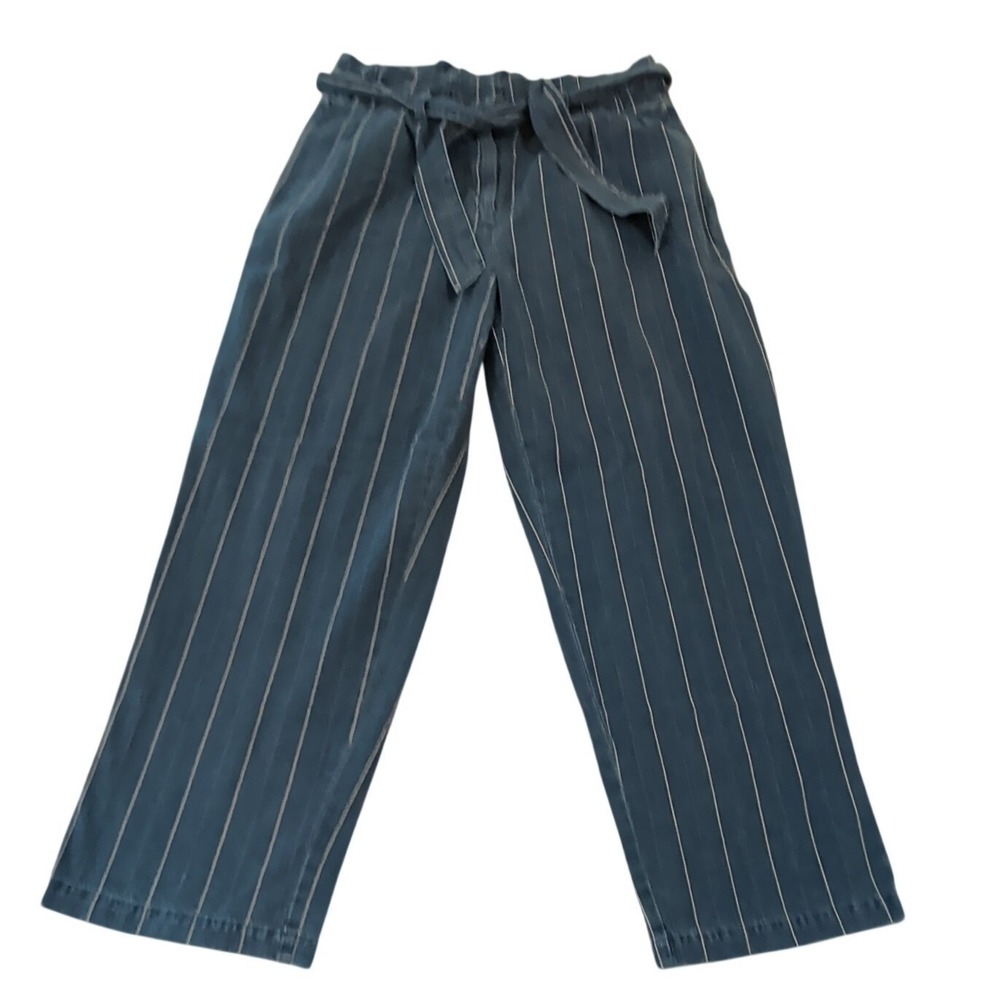 J.Crew Sz 8 Pinstripe Paperbag Waist Wide Leg Denim Pant Belted Blue 100% Cotton